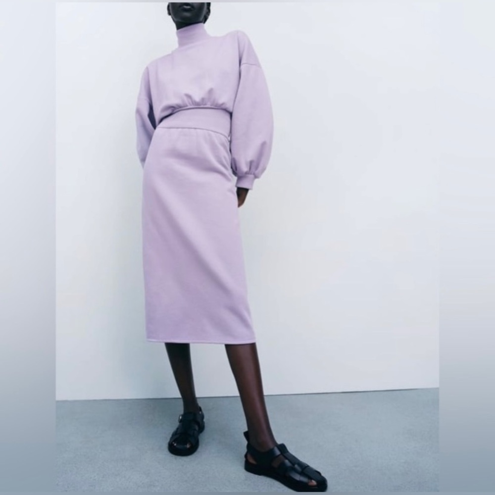Zara Lavender/Lilac Plush Midi Cotton Dress Women's Size‎ Medium - Picture 2 of 7